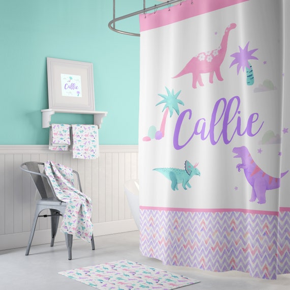 Dinosaur Shower Curtain Girls Bathroom Decor Bathmat Etsy