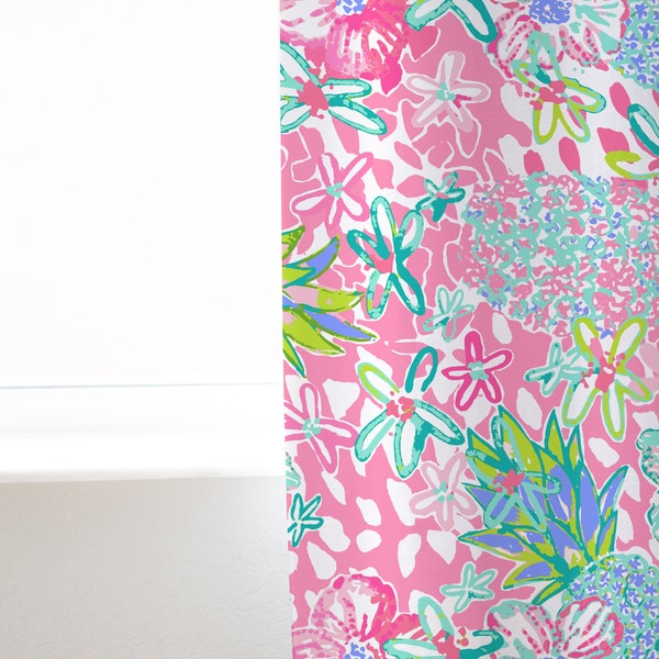 Preppy Pineapple Curtains, Tropical Nursery Decor, Girls Room Curtains, Lilly Inspired, Pink and Lime Green, Blackout, Sheer, Floral Curtain