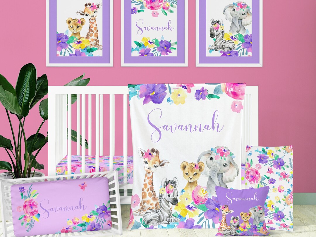 Baby Girl Crib Bedding, Jungle Baby Bedding Set, Bright Floral Girl