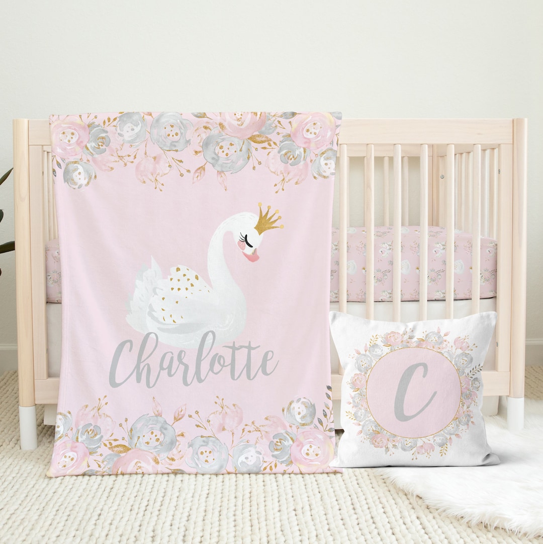 Swan Nursery Crib Bedding Set: Pink Floral, Personalized Sheet