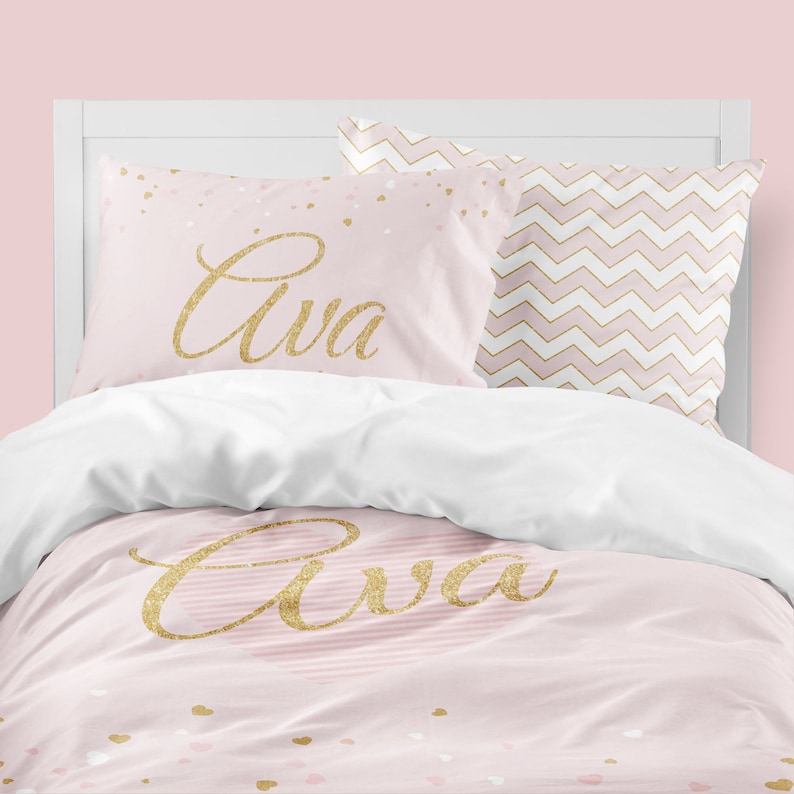 Pink Heart Girls Room Gold Bedding Twin Duvet Covers Toddler Comforter Girl Queen Cover Sets Kids Full