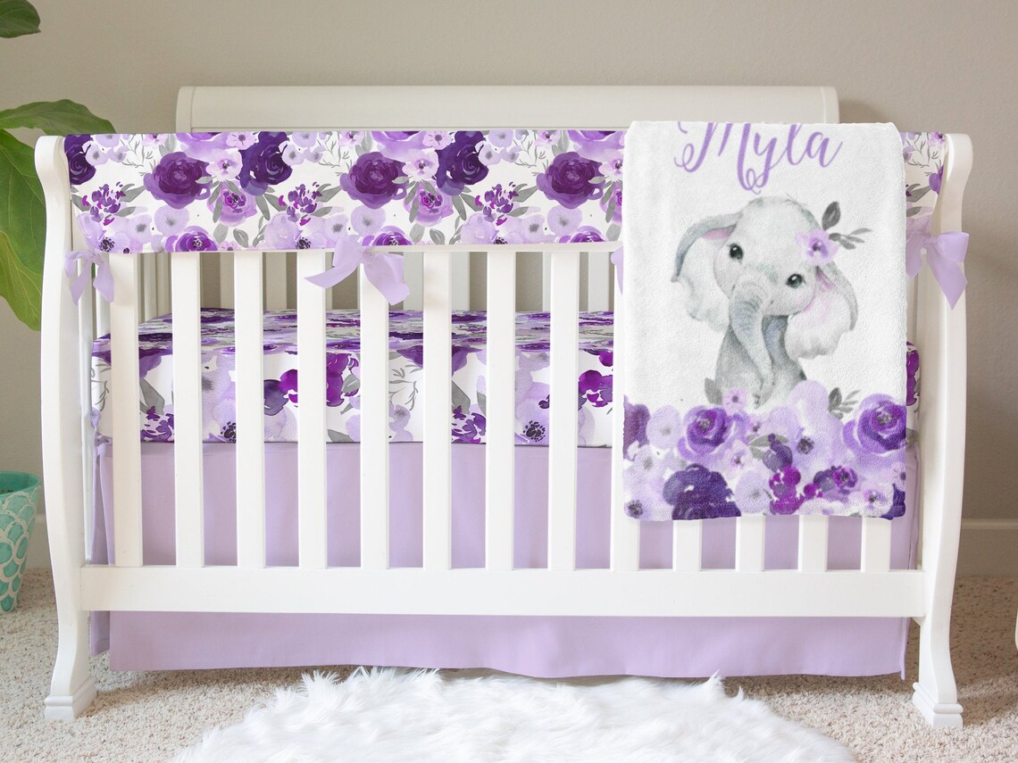 Floral Girl Crib Bedding Purple Elephant Baby Bedding Set Etsy