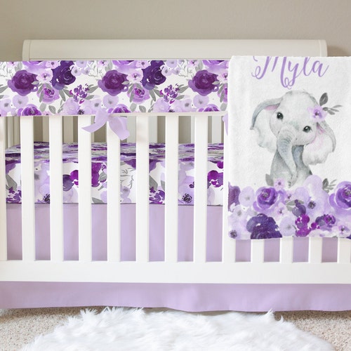 Floral Girl Crib Bedding Purple Elephant Baby Bedding Set Etsy