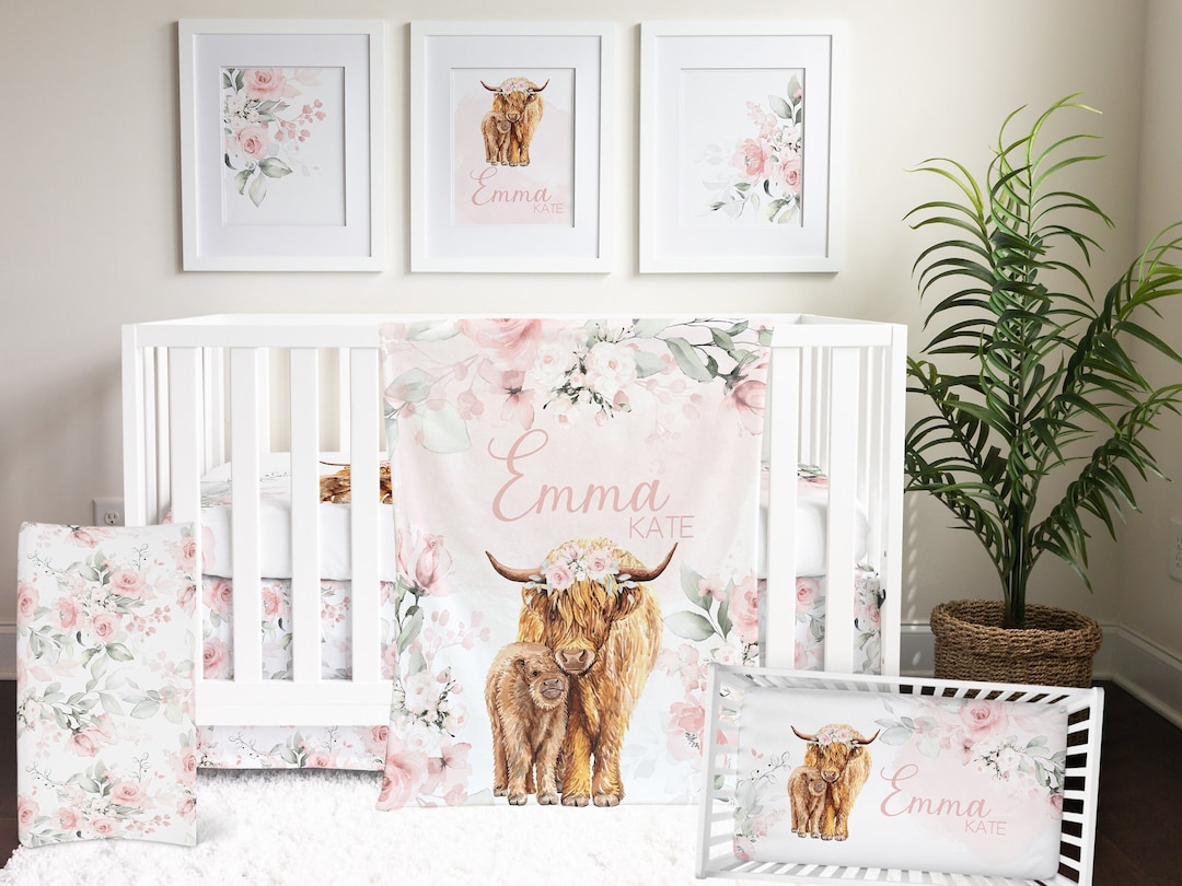 Highland Cow Crib Bedding, Floral Baby Blanket, Pink Nursery Decor