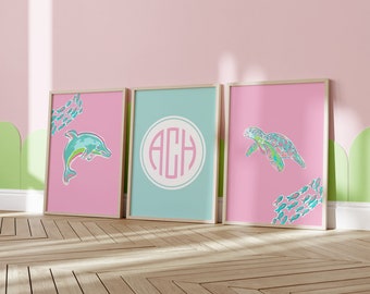 Preppy Wall Art for your Tropical Baby Girl Nursery, Toddler Room, or Teen Girl Room | Dolphin, Sea Turtle, and Monogrammed Art Print