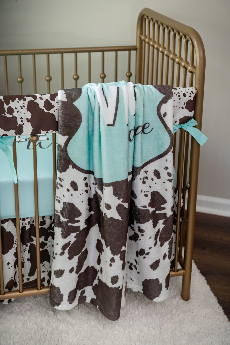 Cowhide Crib Bedding Set Aqua and Brown Farmhouse Nursery Etsy
