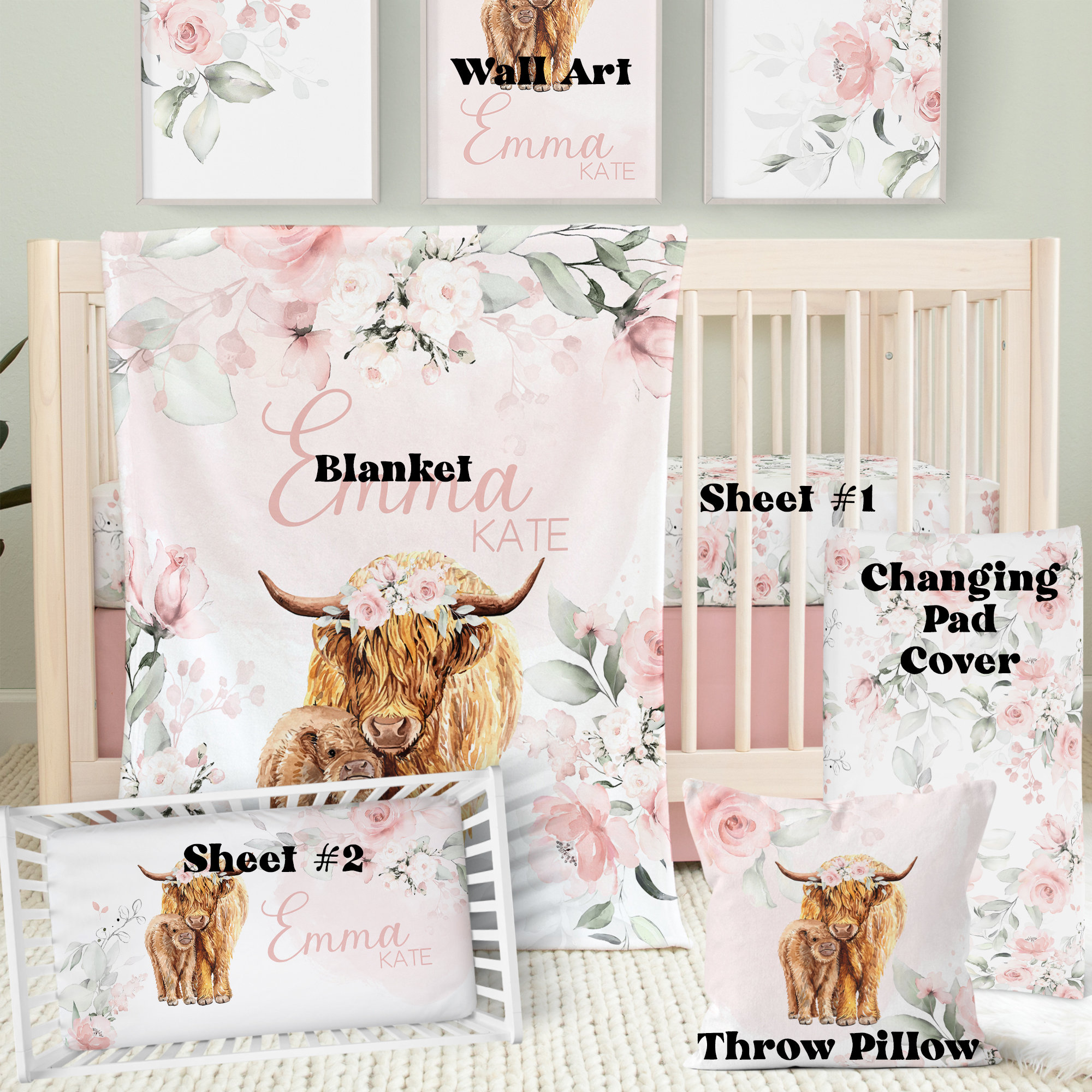 Highland Cow Print Baby Girl Cow Cow Crib Bedding Personalized