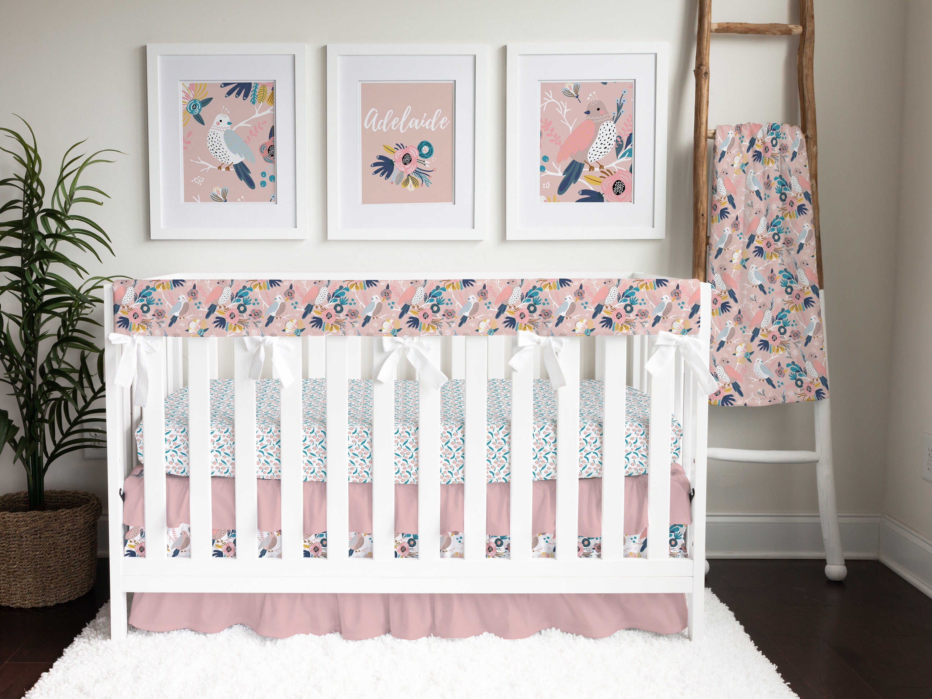 Baby Girl Crib Bedding Set Bird Nursery Floral Baby Bedding Etsy