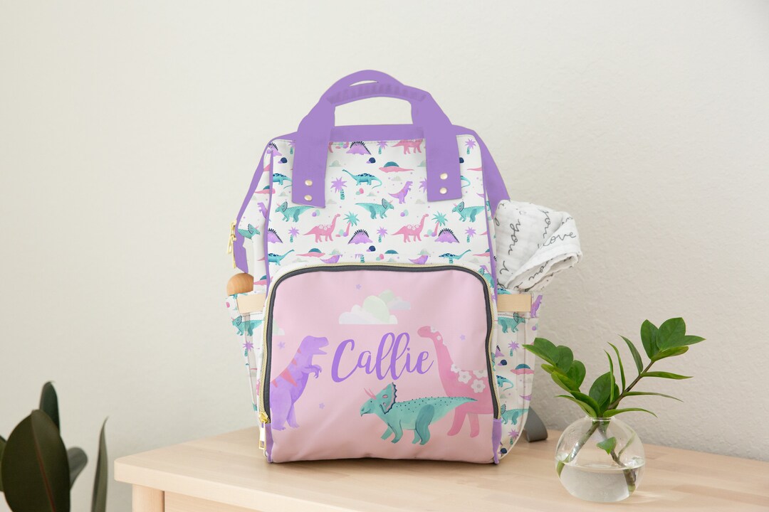 Personalized Baby Girl Diaper Bag, Backpack, Dinosaur, Pink Girl