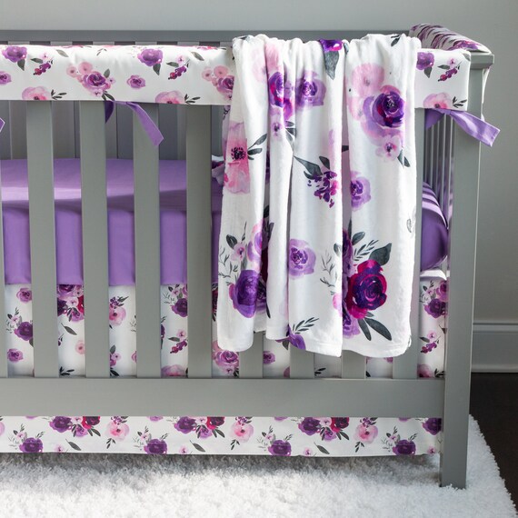 purple and gray baby bedding