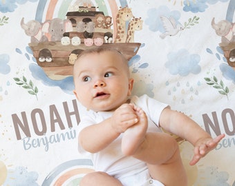 Personalized Noah's Ark Baby Blanket with Rainbows Zoo Animals | Add a Crib Sheet or Changing Pad Cover for Christening or Baptism Gift Set