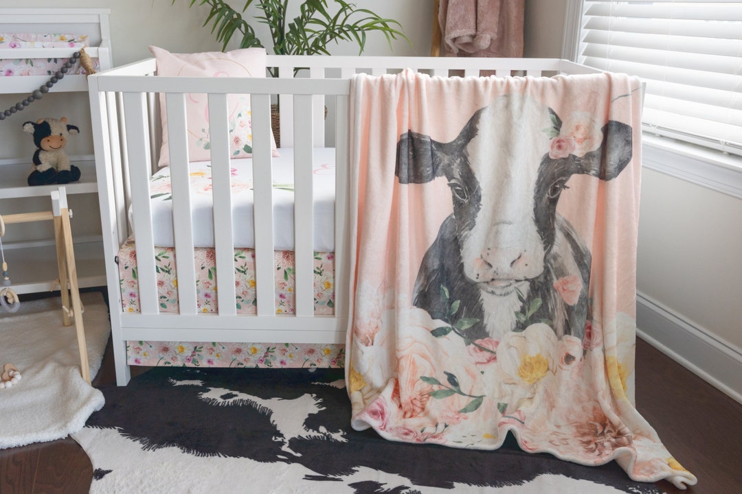 Cow Crib Bedding Girl, Pink Floral Crib Bedding, Calf, Farmhouse