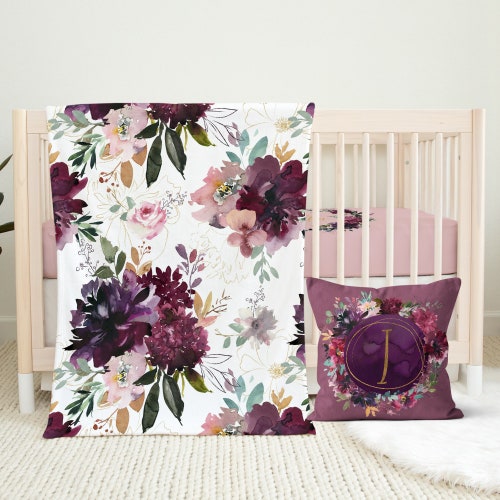 Floral Baby Girl Crib Set Nursery Bedding in Burgundy Purple Etsy