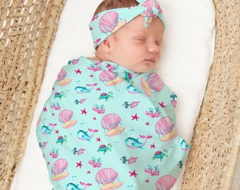 Ocean Girl Swaddle Blanket with Headband, Personalized Baby Gift, Knit Blanket, Girl Crib Bedding, Coastal Girl Nursery, Baby Bedding, Sea