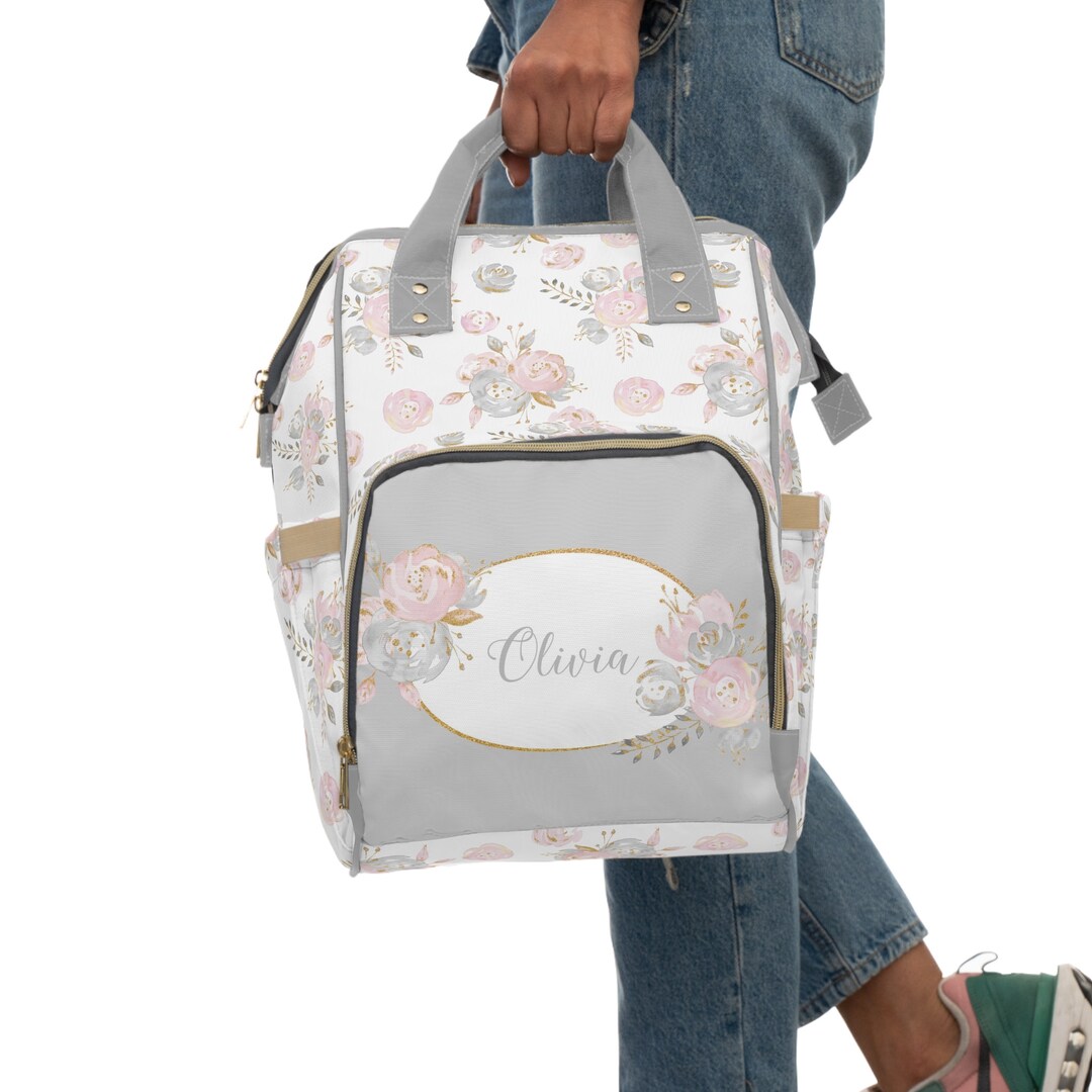 Personalized Baby Girl Diaper Bag, Backpack, Blush Gold, Floral Girl