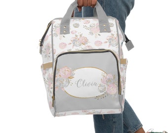 Personalized Baby Girl Diaper Bag, Backpack, Blush Gold, Floral Girl Nursery Decor, Baby Girl Shower Gift, Floral Diaper Bag, Blush, Pink