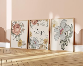 Vintage Floral Wall Art, Baby Girl Nursery Decor, Nursery Wall Art, Rust, Personalized Decor, Earthy, Yellow, Girls Room Decor, Boho Nursery