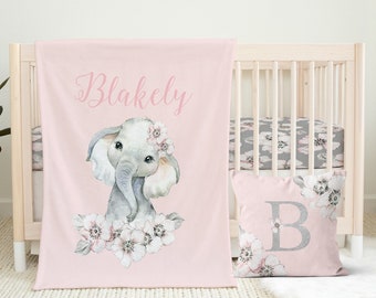 Baby Girl Crib Bedding Nursery Set, Floral Elephant Set, Pink and Gray, Personalized Baby Blanket, Floral Crib Sheet, Nursery Pillow, Gift