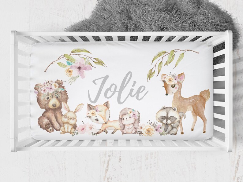 Woodland Girl Crib Sheet, Deer Crib Sheet, Toddler Sheet, Baby Bedding Crib Set, Personalized, Custom, Changing Pad Cover, Fox, Bear image 1