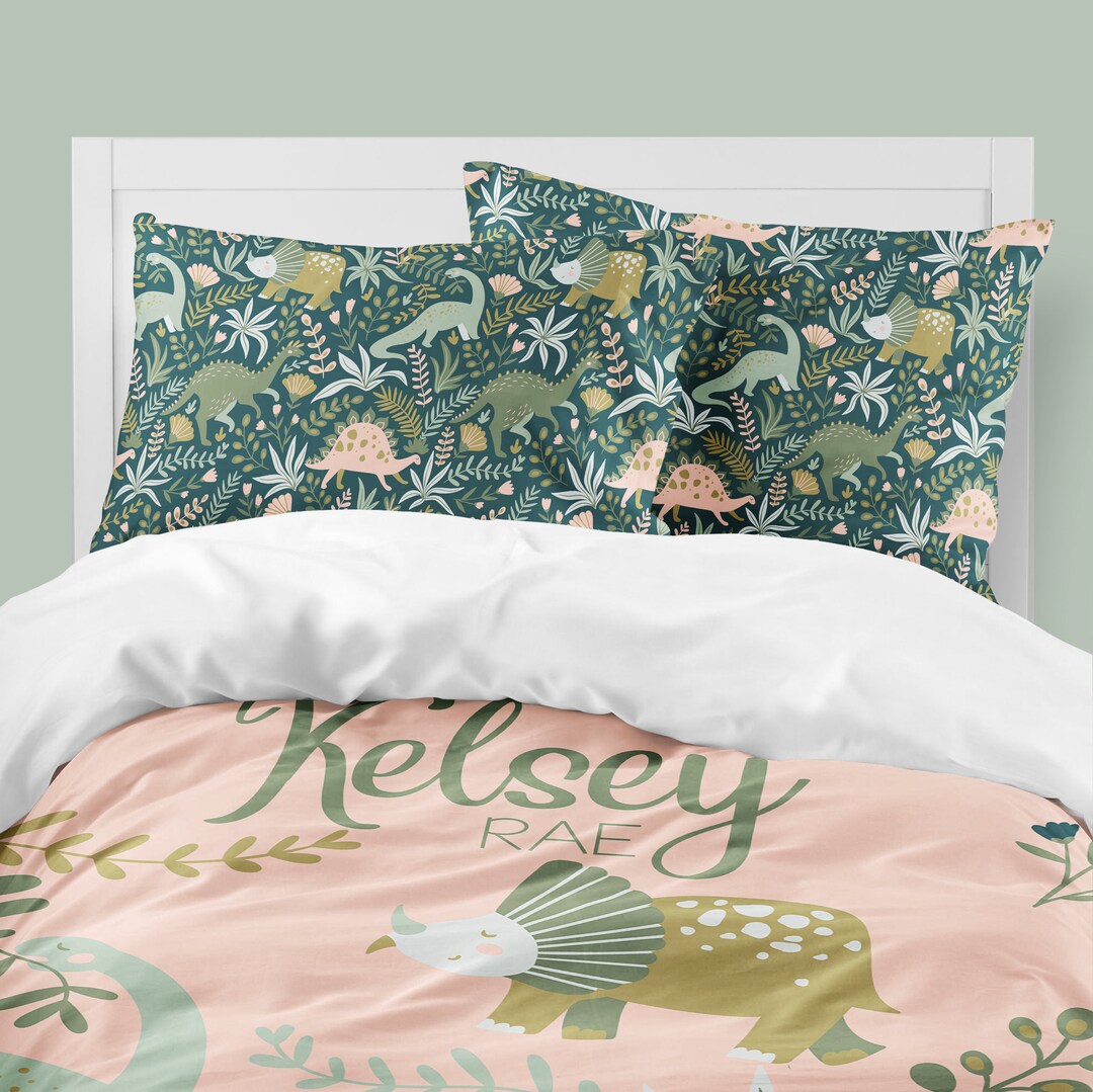 Girl Dinosaur Bedding Set, Pillowcases, Personalized Comforter, Duvet