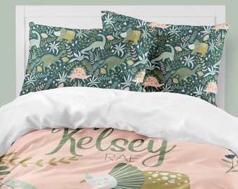 Girl Dinosaur Bedding Set, Pillowcases, Personalized Comforter, Duvet Cover, King, Queen, Full, Toddler Girl Bedding, Pink Dino Room Decor