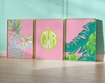 Monogram Nursery Wall Art, Preppy Girl Nursery, Tropical, Beach, Pineapple, Palm Leaf, Pink and Lime, Lilly Inspired, Palm Wallpaper, Crib