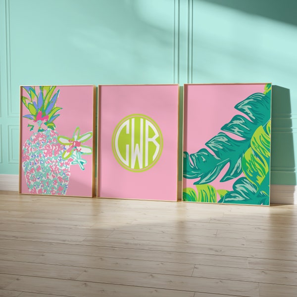 Monogram Nursery Wall Art, Preppy Girl Nursery, Tropical, Beach, Pineapple, Palm Leaf, Pink and Lime, Lilly Inspired, Palm Wallpaper, Crib