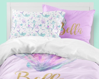 Mermaid Girls Room, Mermaid Bedding, Personalized Twin Comforter, Queen Duvet Cover, Toddler Bedding Set, Seashell, Mermaid Scales, Purple