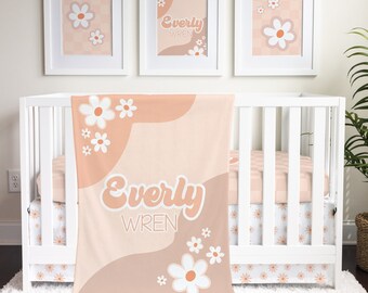 Girl Crib Bedding Set with Personalized Daisy Blanket, Checkered Crib Sheet, and Floral Crib Skirt