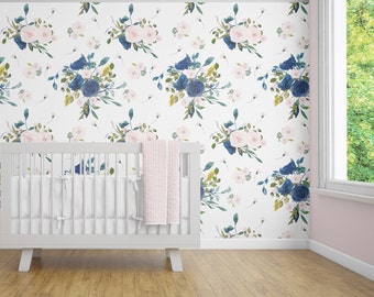 Floral Wallpaper, Removable Wallpaper, Peel and Stick, Floral, Nursery Wall Art, Pink and Navy Flowers, Baby Girl Nursery, Girls Room Decor