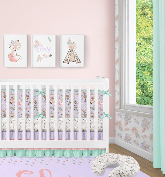 purple and mint crib bedding