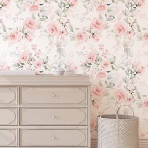 Pink Floral Wallpaper: Watercolor Rose, Sage Green, Peel and Stick