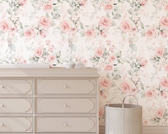 Roze bloemenbehang: roos aquarel, saliegroen, schillen en plakken