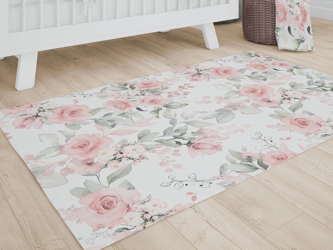 Baby Girl Nursery Rug, Blush Pink Floral, Highland Cow Nursery Decor