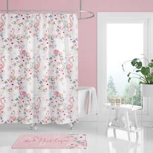 Flamingo Blumen Duschvorhang, Blumen Badezimmer Dekor, tropischen Duschvorhang, Badematte, Blumen Kinderzimmer Dekor, Flamingo, Floral, Tropisch
