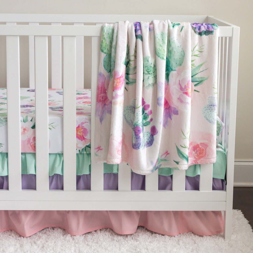 4-Piece Baby Girl Crib Bedding Set – Butterflies Floral Comforter, Fitted Sheet, Skirt & Diaper Stacker (Green & Pink)