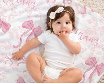 Personalized Baby Blanket: Pink Bows, Floral Nursery Decor