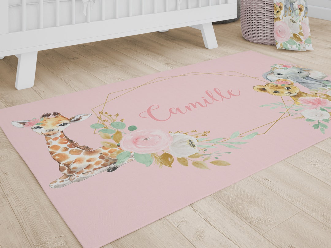 Baby Girl Jungle Nursery Rug, Girl Nursery Decor, Pink Floral Kids Room