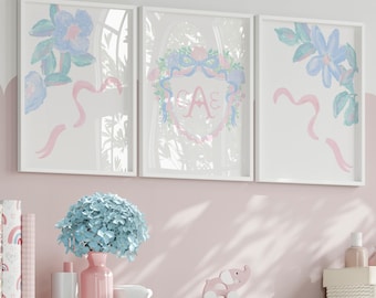 Baby Girl Nursery Art Prints: Preppy Girls Room Decor with Bows and Monogram