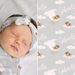 Pink Teddy Bear Swaddle Blanket and Headband, Personalized Baby Girl Gift, Knit Blanket, Baby Girl Crib Bedding, Teddy Bear Nursery Decor