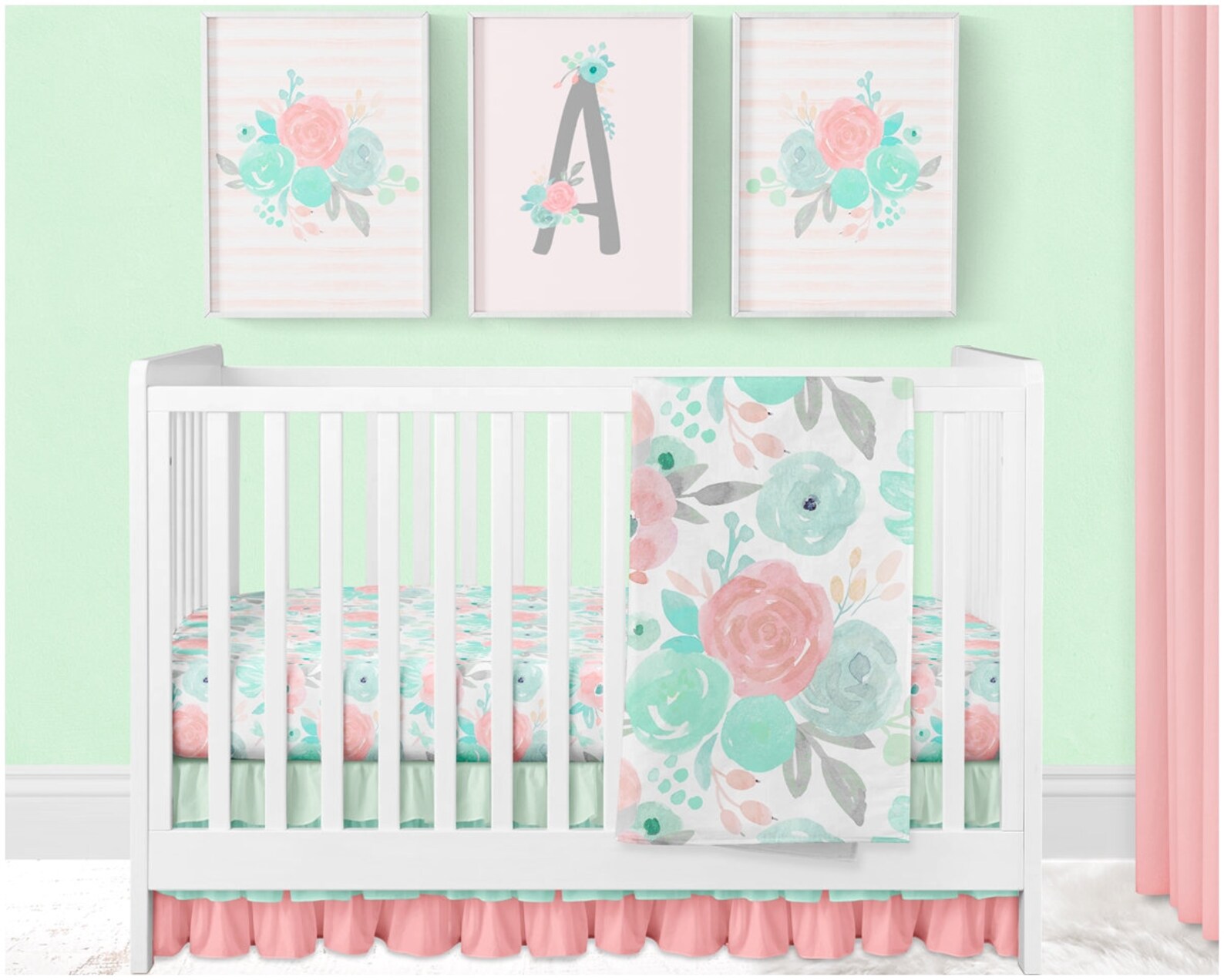 Girl Nursery Bedding Set Floral Baby Bedding Mint Crib Etsy