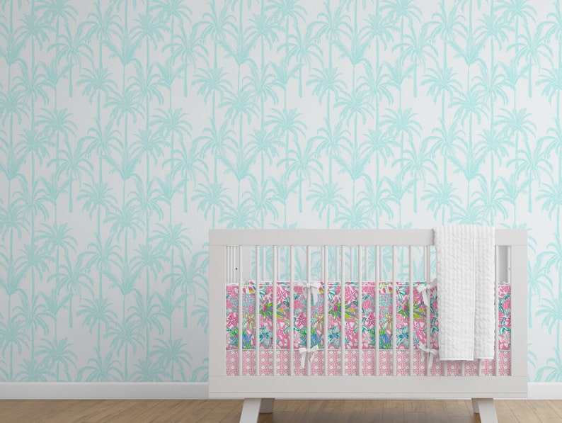 Removable Wallpaper, Tropical, Palm Tree, Peel and Stick, Aqua, Nursery Wallpaper, Palm Beach Style, Nursery Decor, Preppy 