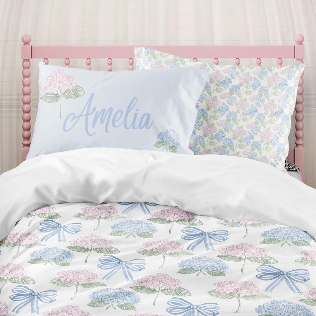 Preppy Girls Bedding Set, Grandmillennial Pink and Blue Floral ...