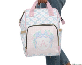 Monogrammed Crest Baby Girl Diaper Bag, Backpack, Pink Nursery Decor, Grandmillenial Baby Girl Shower Gift, Granny Chic Nursery, Plaid