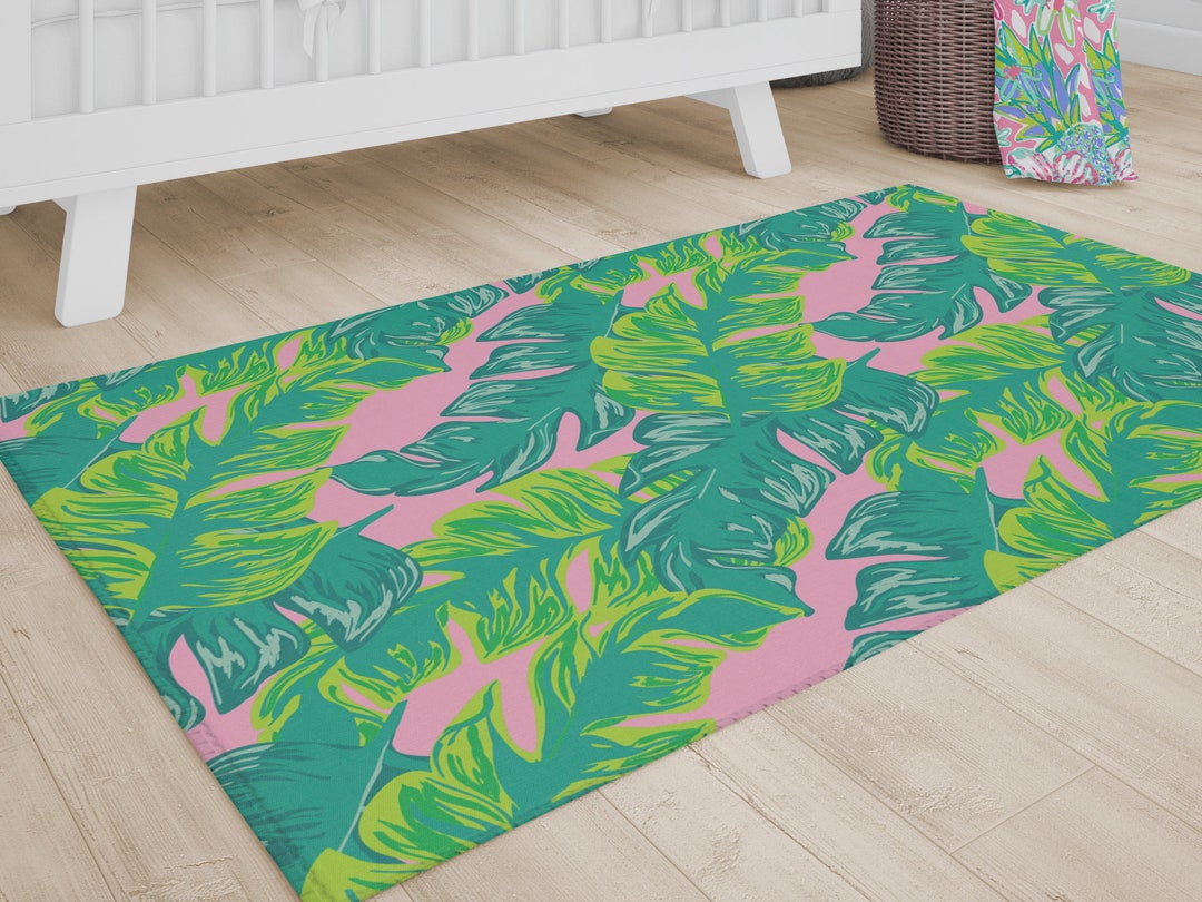 Pink Palm Rug, Preppy Room Decor, Tropical Girls Rug, Pink and Lime