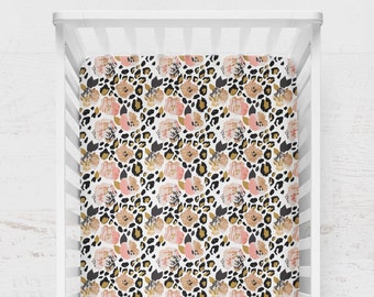 Crib Sheet, Leopard Print Floral Crib Sheet, Girl Crib Sheet, Coral Crib Bedding, Gold Girl Baby Bedding, Fitted Crib Sheet,Floral Nursery