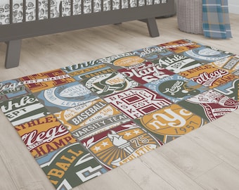 Vintage Sports Patchwork Nursery Rug: Baby Boy Room Decor