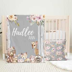 Woodland Crib Bedding Set for Baby Girl Nursery | Deer Nursery Decor, Pink Plaid, Crib Sheet, Baby Blanket, Changing Pad Cover, Wall Art