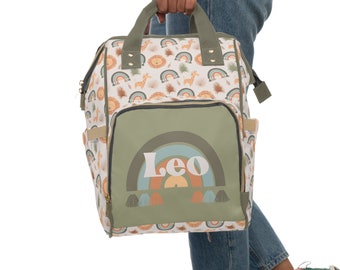 Personalized Baby Diaper Bag, Backpack, Baby Boy Nursery Decor, Rainbow Baby Boy Shower Gift, Jungle Nursery, Crib Bedding, Jungle Boho