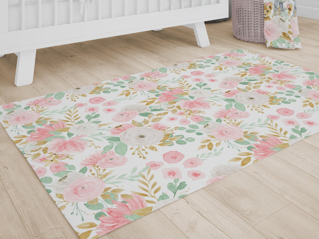 Baby Girl Floral Nursery Rug, Girl Nursery Decor, Pink Floral Kids Room